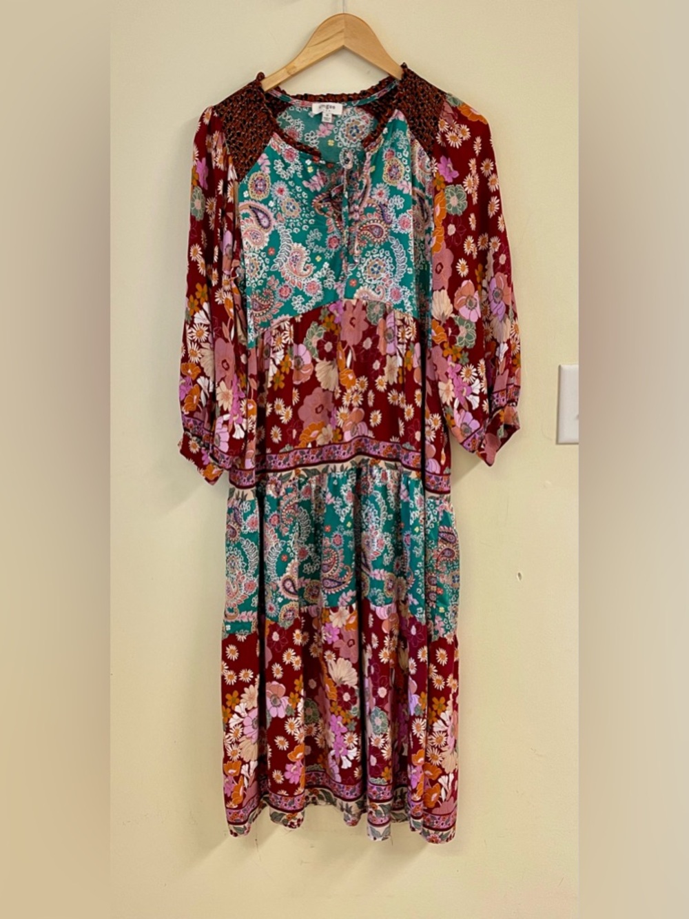 Umgee M Boho Patchwork Floral Dress Smocked Neck Peasant
